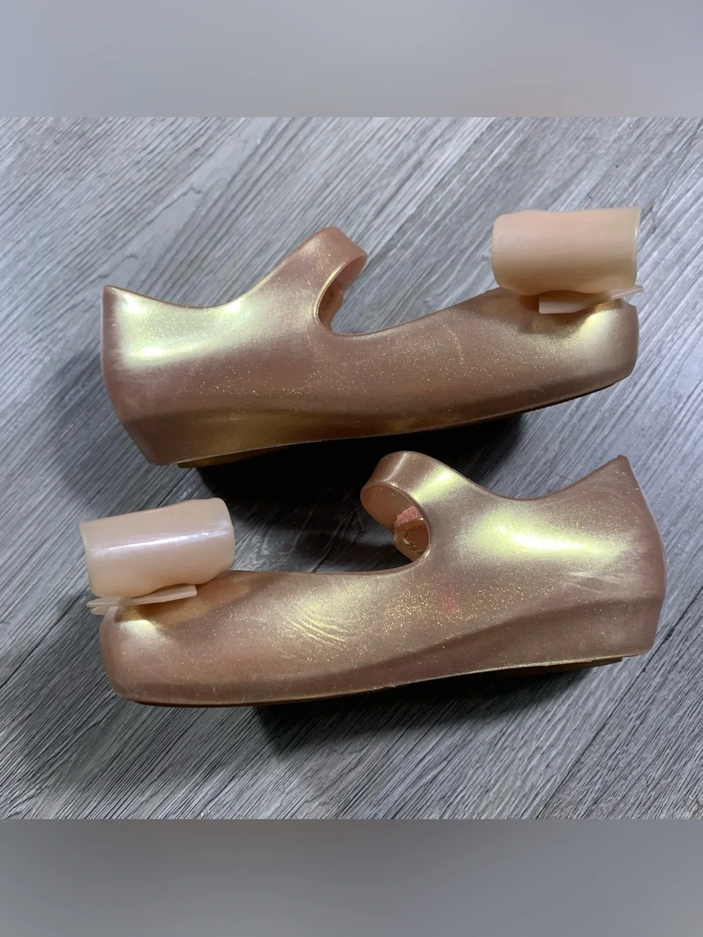 Mini Melissa Ultra Girl Pink Gold Glitter Peep Toe Mary Jane’s size 8